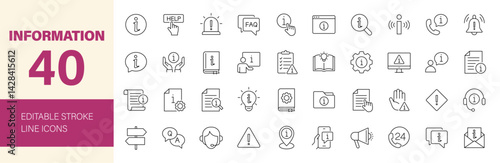 Information icon set. Containing info, help, inform, support, news, instruction, privacy policy, manual, rule, guide, reference and more. Editable line icons. Vector illustration.