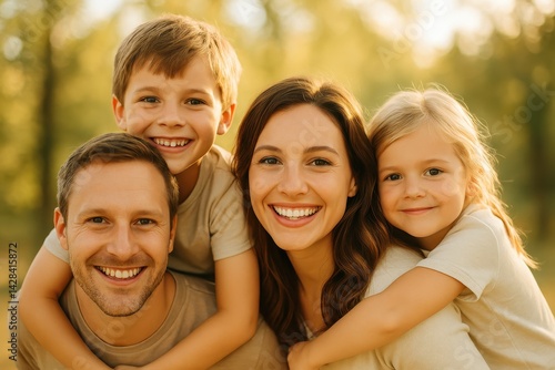 Happy Family Portrait in Nature with Boy and Girl Smiling Together