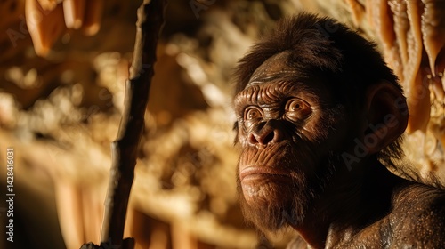 Prehistoric Homo Floresiensis in a Torchlit Cave Unveiling Ancient Secrets Among Stalactites and Mysterious Shadows