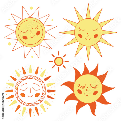 Cute Cartoon Suns Set Happy Smiling Faces Summer Design Elements