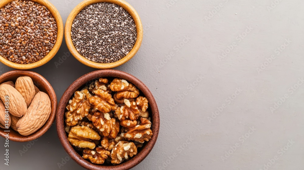 A selection of various nuts and seeds displayed in wooden bowls on a neutral background, showcasing healthy snack options. A selection of various nuts and seeds displayed in wooden bowls on a neutral background, showcasing healthy snack options.