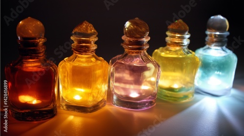 Wallpaper Mural Colorful glass bottles containing fragrant oils illuminated against a dark background highlighting their vibrant hues Torontodigital.ca