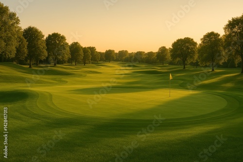Serene Golf Course Landscape at Sunset with Golden Hour Glow