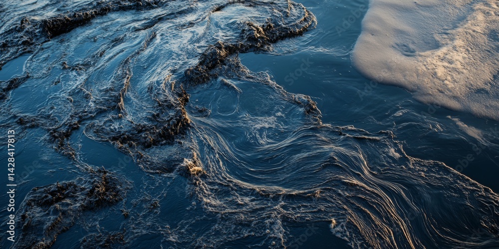 Beautiful swirling patterns in deep blue water captivate the eye. The fluid motion and reflections create an artistic effect. Perfect for nature and abstract themes. AI
