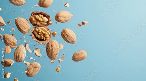 A visually striking image of scattered almonds and walnut halves against a light blue background, highlighting the textures and colors of the nuts.