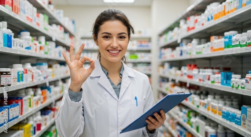 Young female pharmacist in a white lab coat giving an okay sign in a pharmacy setting. Smiling and holding a clipboard, surrounded by various medications.