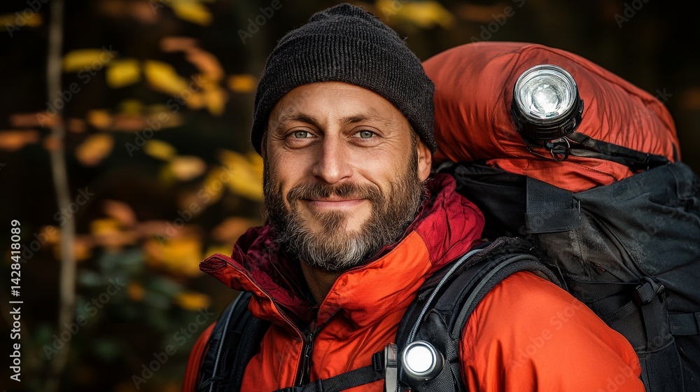 Smiling Hiker in the Forest with Backpack and Joyful Expression Smiling Hiker in the Forest with Backpack and Joyful Expression