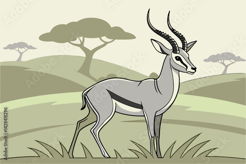 Cartoon Antelope in Grasslands Elegant Wildlife Illustration