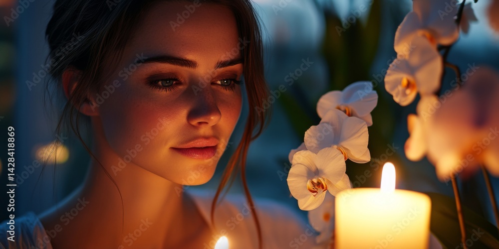 A serene portrait of a young woman illuminated by soft candlelight. She gazes thoughtfully at the glowing flames. An ethereal touch with orchids in the background.