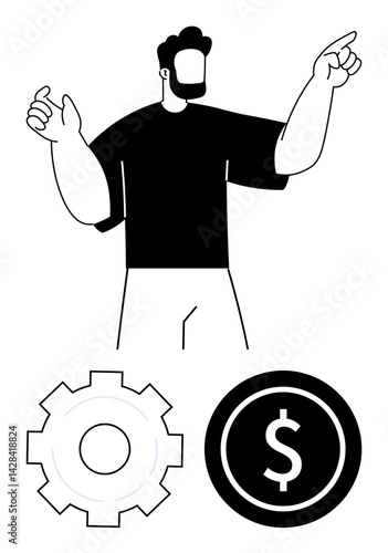 Man pointing to the right with bold gestures above a gear and dollar icon. Ideal for business solutions, innovation, finance, leadership, strategy, technology, simple landing page