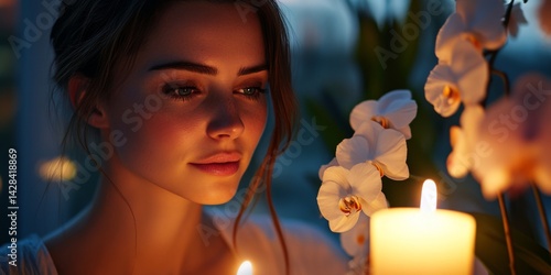 Obraz na płótnie A serene portrait of a young woman illuminated by soft candlelight. She gazes thoughtfully at the glowing flames. An ethereal touch with orchids in the background. w salonie