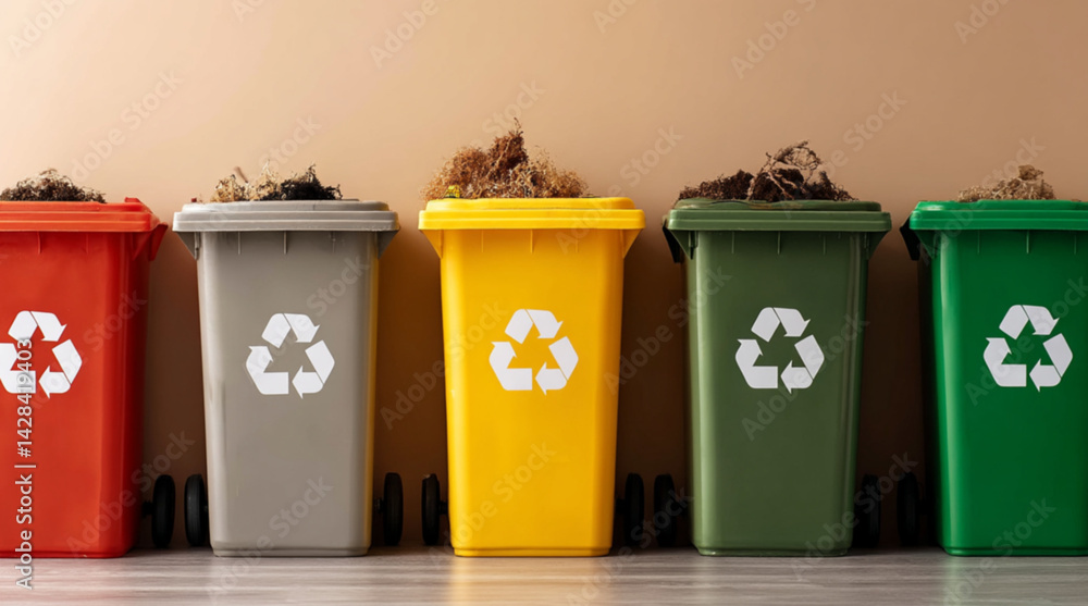 Color-coded recycling bins for waste separation on a minimal pastel background with copy space for text