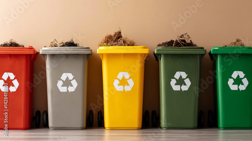 Obraz na płótnie Color-coded recycling bins for waste separation on a minimal pastel background with copy space for text w salonie