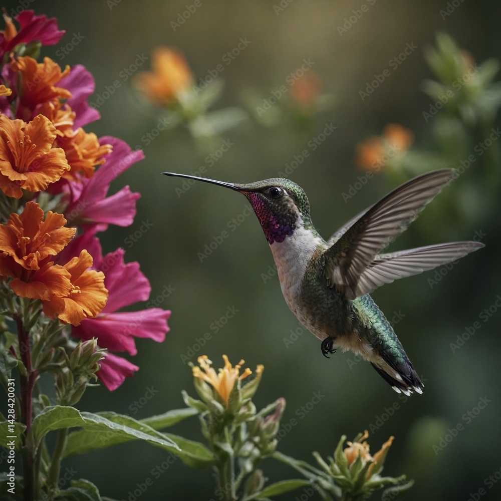 Fototapeta premium Hummingbird Hovering Over a Bright Flower