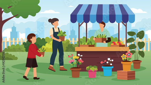 Young man Florist Standing in front of Flower shop with smile.Portrait of a young woman and boy carrying a potted plant in outdoor market.Florist will pick up flowers for buyer's order, in front .