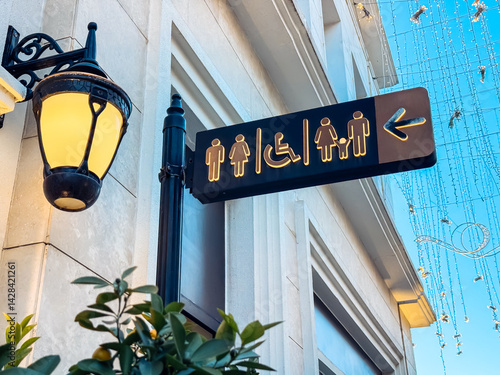 Directional sign indicating restrooms and accessibility features in public space