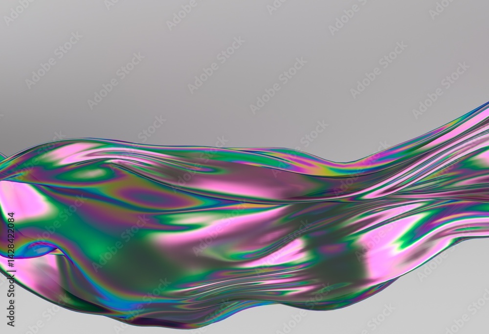 Vibrant 3D illustration showing shiny, iridescent material with flowing green, pink, and purple hues, resembling liquid fabric, against a soft gray background.
Vibrant 3D illustration showing shiny, iridescent material with flowing green, pink, and purple hues, resembling liquid fabric, against a soft gray background.