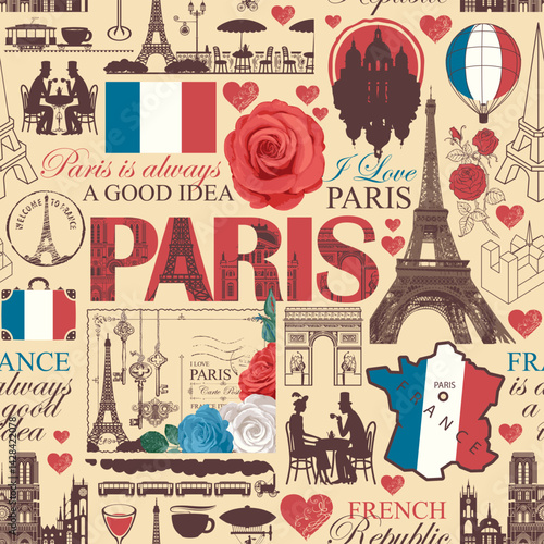 Hand drawn seamless pattern on France and Paris theme with lettering, architectural landmarks, map and flag. T-shirt design, travel postcard. Wallpaper, wrapping paper. No AI used
