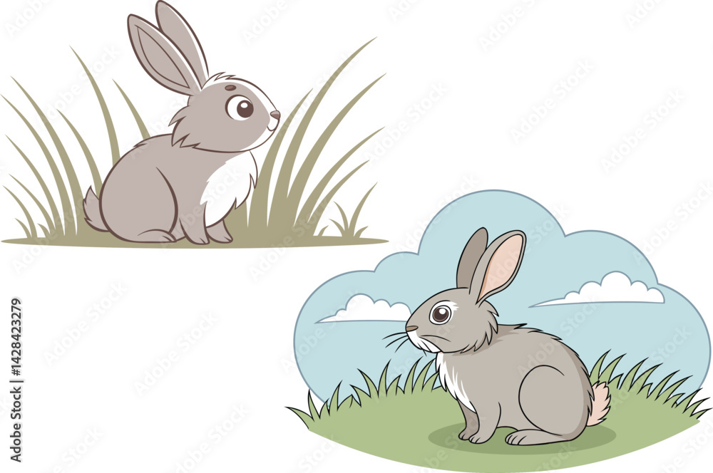 Obraz premium Cartoon Rabbits in Nature Charming & Expressive Wildlife Illustration