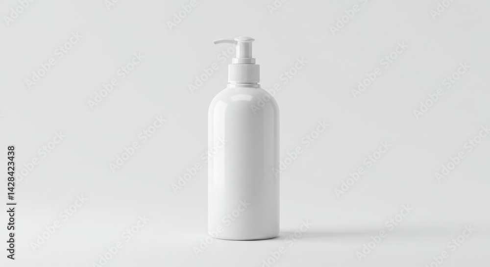 Empty white pump bottle in studio setting. Standing upright against a plain white background. Product for marketing or design portfolio. cosmetic design mock up. Empty white pump bottle in studio setting. Standing upright against a plain white background. Product for marketing or design portfolio. cosmetic design mock up.