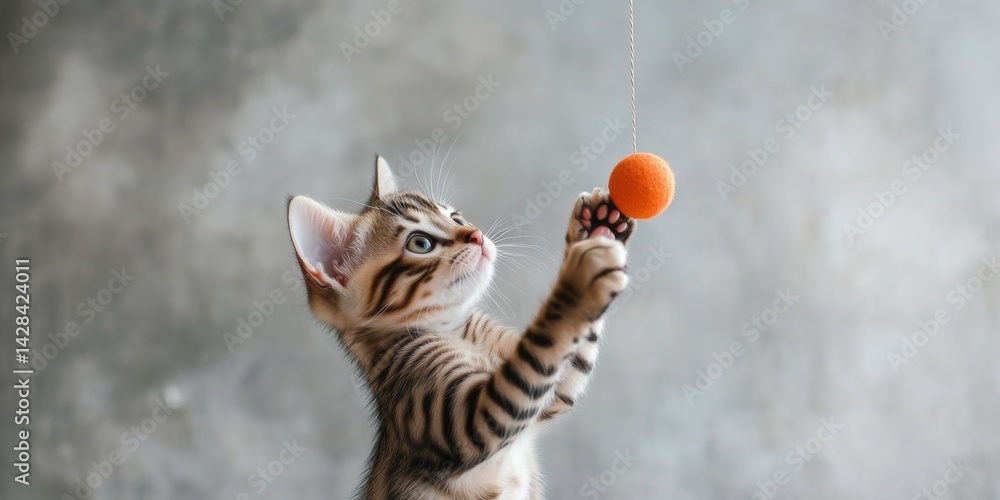 A playful kitten captivates with its charm. The adorable cat is reaching for a bright orange ball. This image showcases the joy and curiosity of pets. A beautiful minimalist style. AI