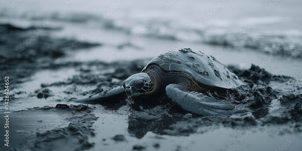 A sea turtle makes its way across a sandy beach at twilight. The tranquil scene captures the beauty of nature and wildlife. Perfect for eco-friendly projects. AI