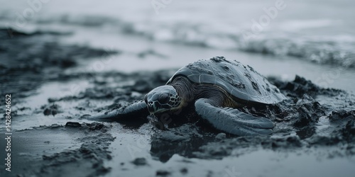 A sea turtle makes its way across a sandy beach at twilight. The tranquil scene captures the beauty of nature and wildlife. Perfect for eco-friendly projects. AI