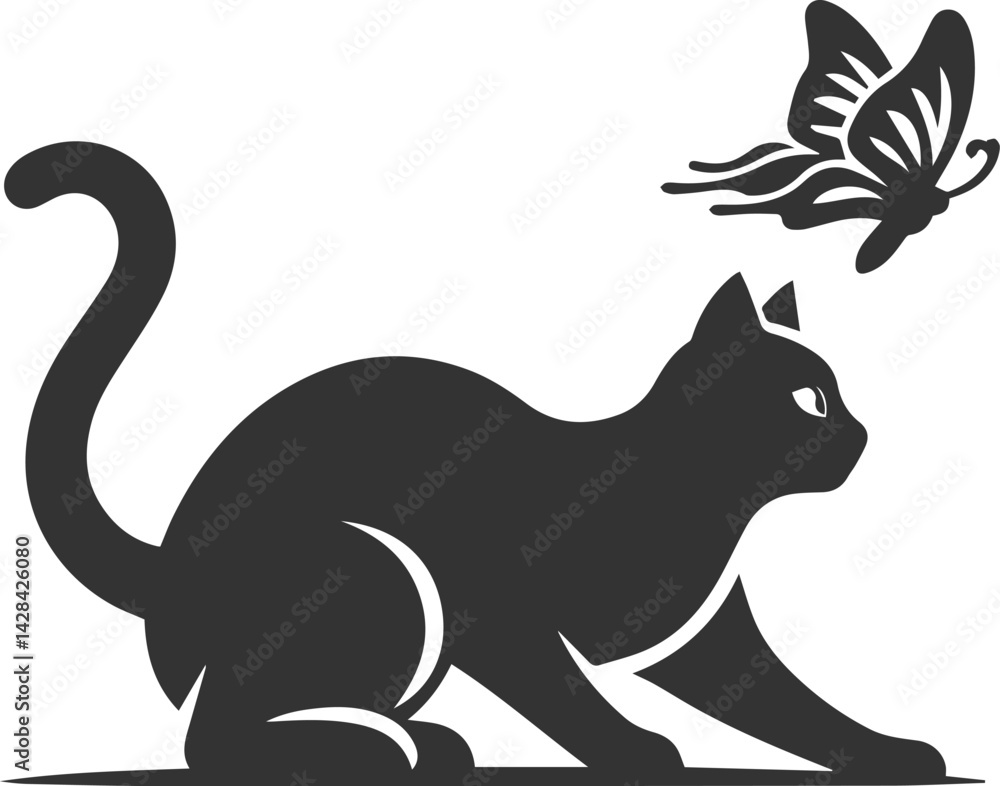 Obraz premium Playful cat with butterfly silhouette vector