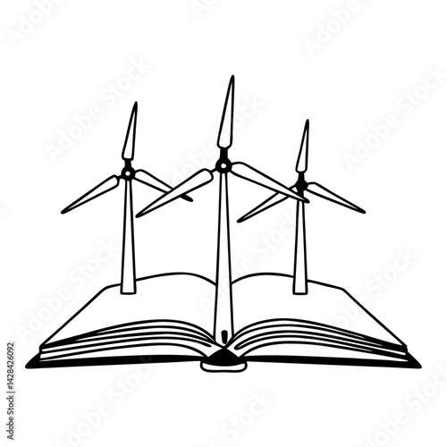  Book pages into the wind turbines logo icon. Eco literacy wind vector.