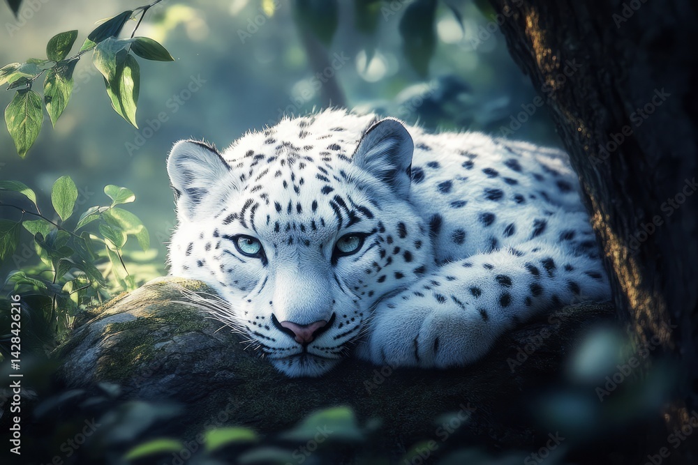 Obraz premium Snow leopard rests on a mossy rock in a tranquil forest setting, its piercing blue eyes gazing serenely
