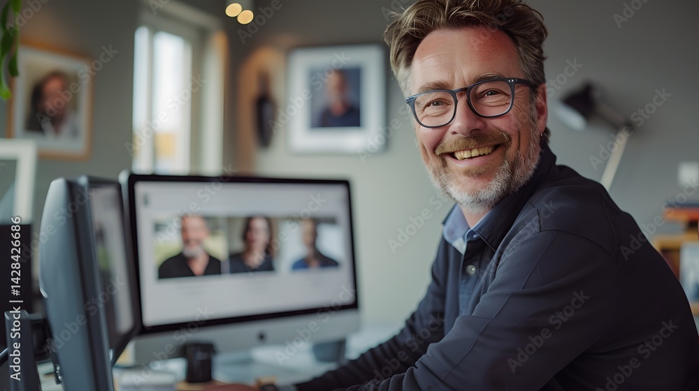 A happy man smiles while working at his computer. He is in a modern office space. The image captures a warm and inviting atmosphere. Perfect for business or personal projects. AI