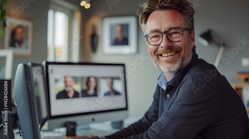 A happy man smiles while working at his computer. He is in a modern office space. The image captures a warm and inviting atmosphere. Perfect for business or personal projects. AI