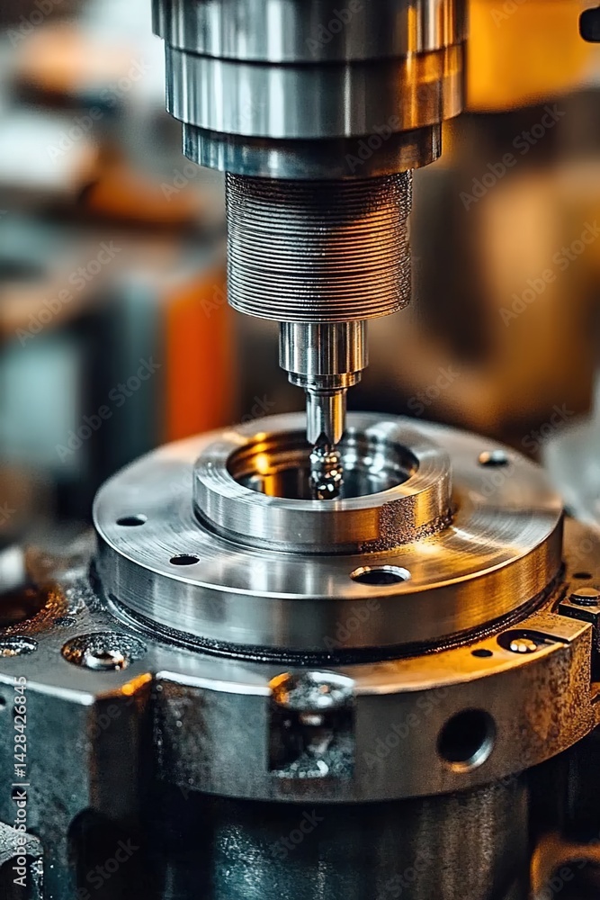 Close-up of a precision milling machine, with the drill aiming at the metal ring workpiece, splashing metal scraps in the warm light. Close-up of a precision milling machine, with the drill aiming at the metal ring workpiece, splashing metal scraps in the warm light.