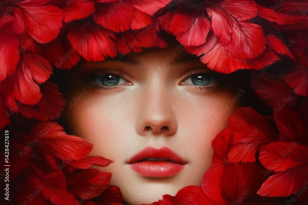 Model with intense gaze showcasing perfect skin and makeup, framed by vibrant red petals, in a captivating beauty portrait Model with intense gaze showcasing perfect skin and makeup, framed by vibrant red petals, in a captivating beauty portrait