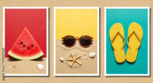 Summer vacation concept with watermelon, sunglasses, and flip-flops on a beach background for summer season travel and holiday promotion