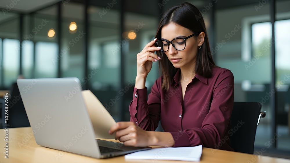 Woman Reviewing Documents at Desk Woman Reviewing Documents at Desk