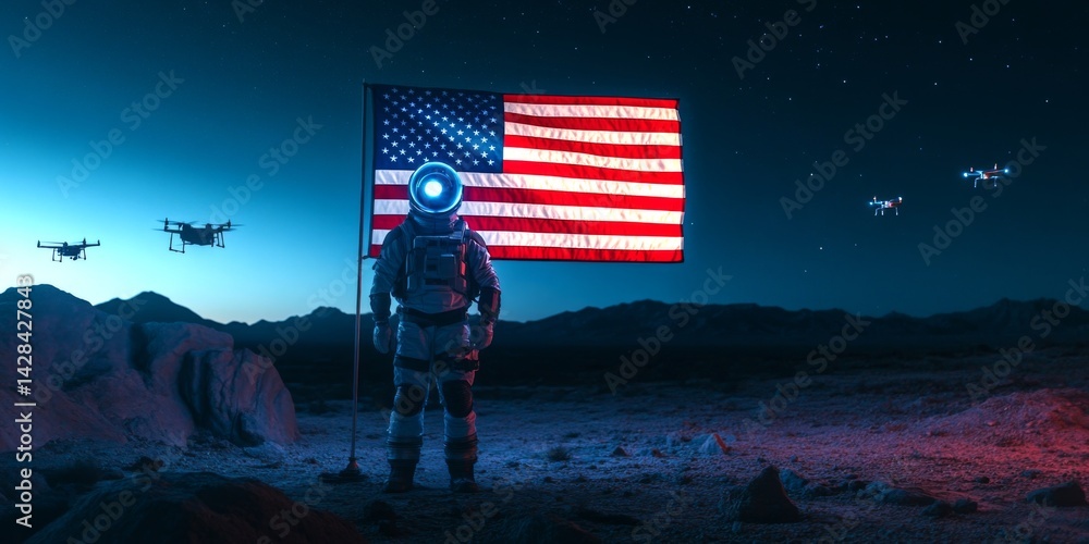 An astronaut stands proudly on an alien landscape. The American flag waves in the wind. Drones hover above, capturing the scene. This is a blend of science fiction and patriotism. AI