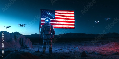 Obraz na płótnie An astronaut stands proudly on an alien landscape. The American flag waves in the wind. Drones hover above, capturing the scene. This is a blend of science fiction and patriotism. AI w salonie