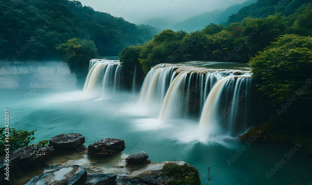 Fototapeta premium Serene Cascading Waterfall in Lush Green Valley