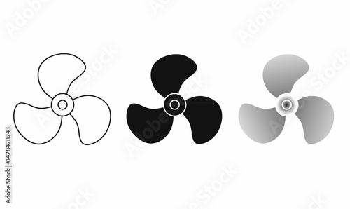 Set of three blade fan propeller icons in outline, solid, silhouette and gradient style. Ideal for ventilation, turbine, cooling, engine, or marine-themed designs.