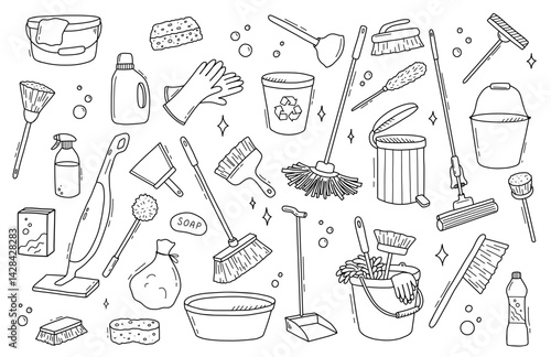 Cleaning service, hand drawn sketch in doodle style. Vector line art illustrations set. Black icon of tool. Sponge, bottle, supplies