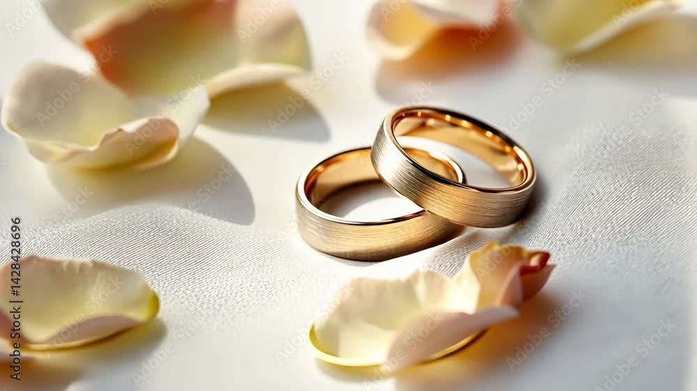 Golden wedding rings on petalladen surface in sunlit romantic setting