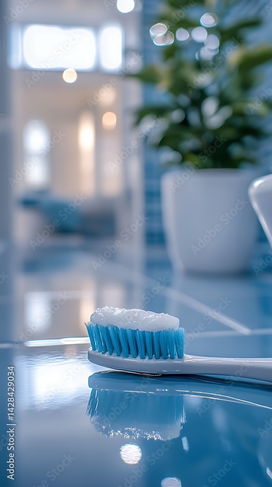 Toothpaste and brush placed on glossy tiles Toothpaste and brush placed on glossy tiles