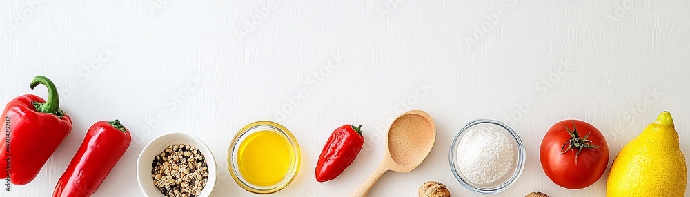 Rejuvenation Through Detox and Nutrient-Rich Wellness Choices, Fresh ingredients including peppers, tomatoes, and spices arranged on a light surface.