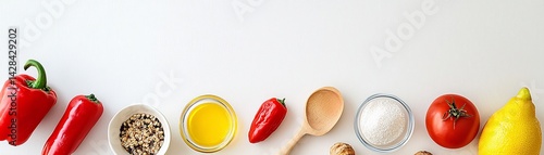 Obraz na płótnie Rejuvenation Through Detox and Nutrient-Rich Wellness Choices, Fresh ingredients including peppers, tomatoes, and spices arranged on a light surface. w salonie