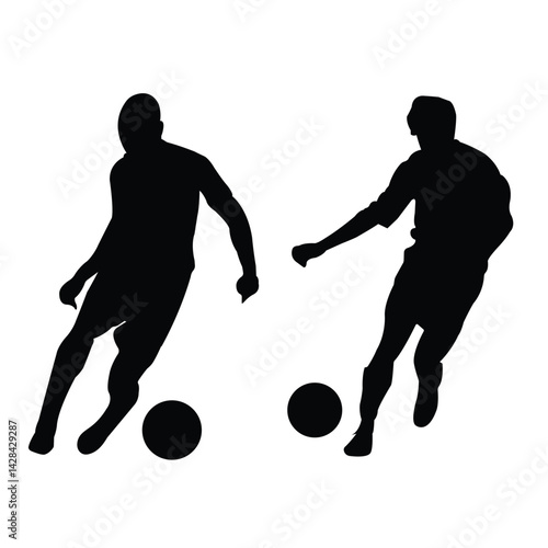 Two soccer player in action vector silhouette, Football kicker outline, athletic sport vector Illustration