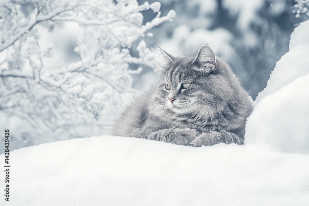 Gray cat lounges in fresh snow surrounded by winter scenery Gray cat lounges in fresh snow surrounded by winter scenery