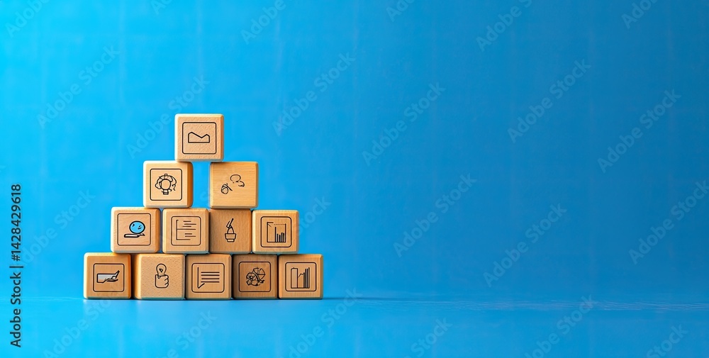 Wooden blocks with icons forming a pyramid on blue background. Wooden blocks with icons forming a pyramid on blue background.