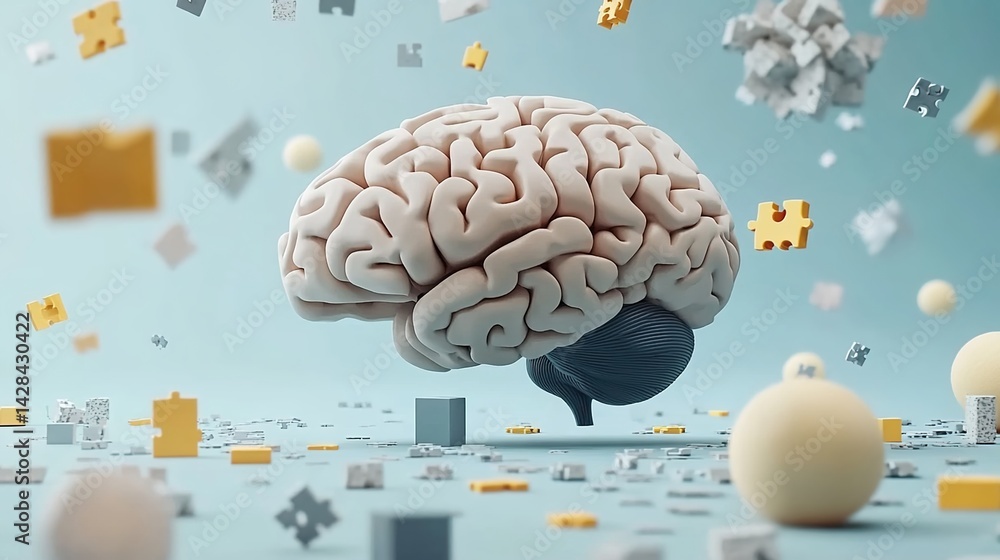 A 3D human brain model with floating puzzle pieces and spheres on a light blue background. A 3D human brain model with floating puzzle pieces and spheres on a light blue background.