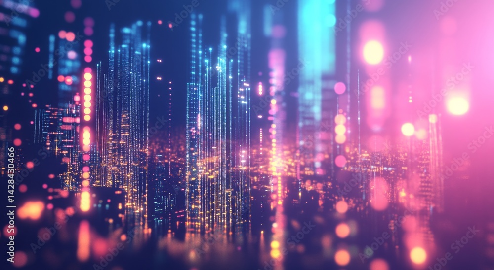 Obraz premium Futuristic city skyline at night, illuminated with vibrant digital lights. Abstract representation of data flow and technology